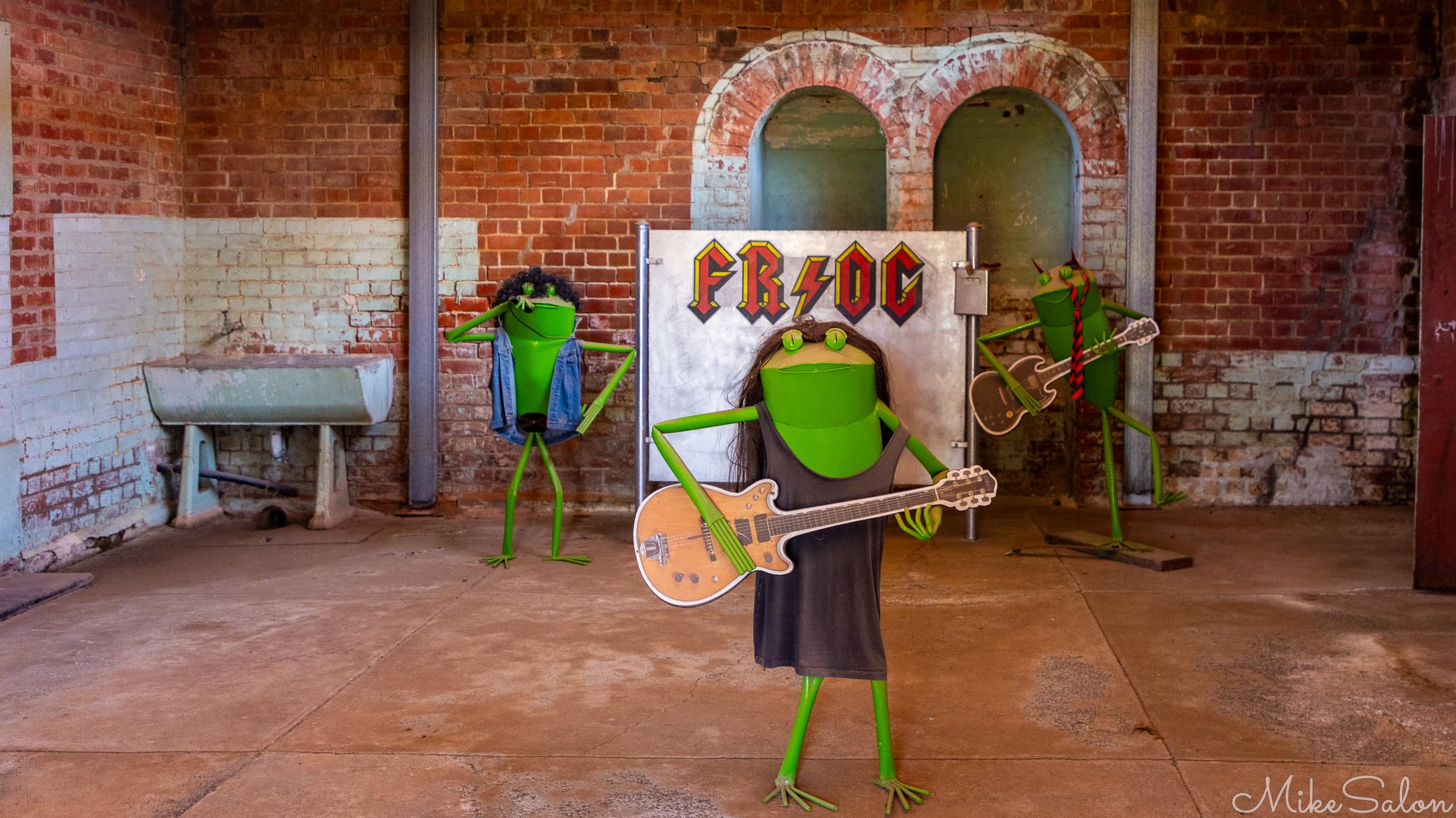 Funky Frogs which can be seen all over Balranald remind us of the endangered Southern Bell Frog which is disappearing from the area. This rocker is performing in what we assume to be the jail`s excercise yard. [4942]