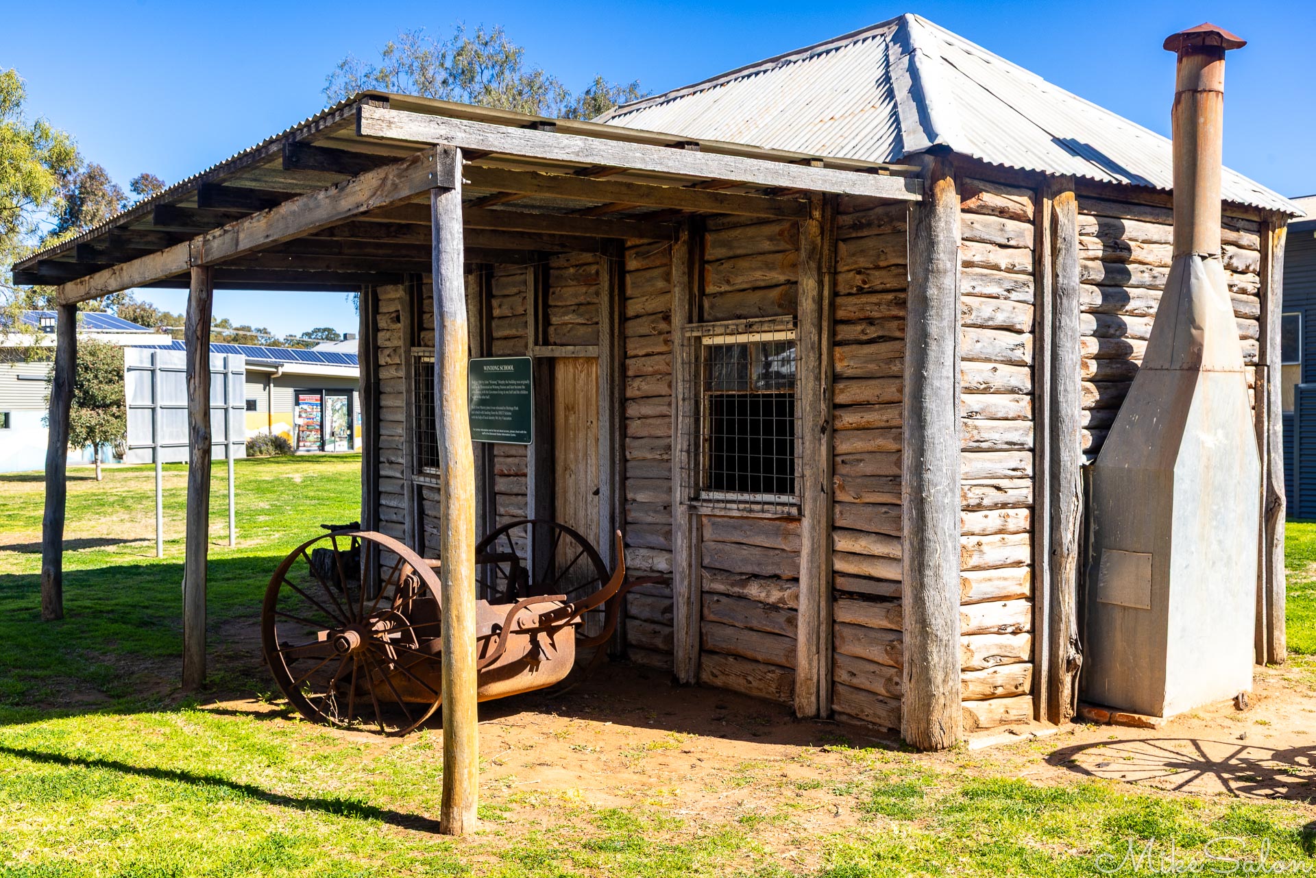 This tiny 1886 building was originally the homestead on Wintong Station. It later became a schoolhouse as well as the teacher`s living quarters. Relocated to the Balranald Visitor Centre in 1995. [4944]