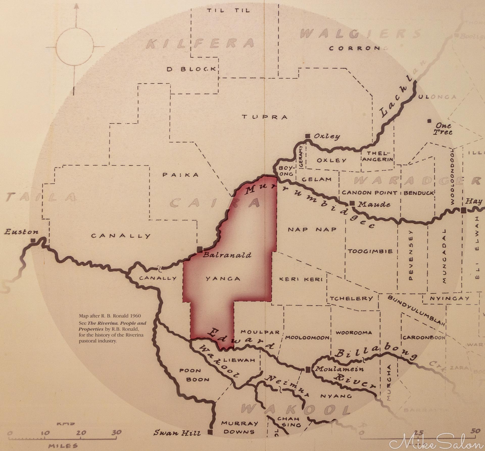 Historical map showing the vast size of Yanga Station and its strategic frontage on two rivers. Note: no roads shown, and no state boundaries. [4969]