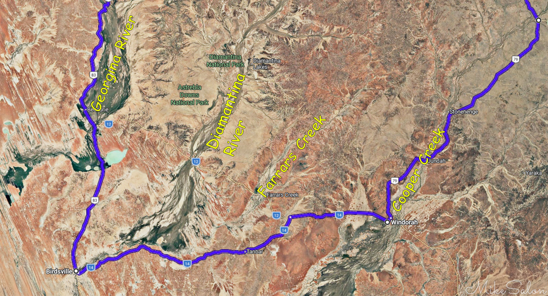 Annotated satellite map of western Queensland showing Georgina, Diamantina, Farrars Creek, and Cooper Creek along a driving loop through Channel Country towns. [yQLD]