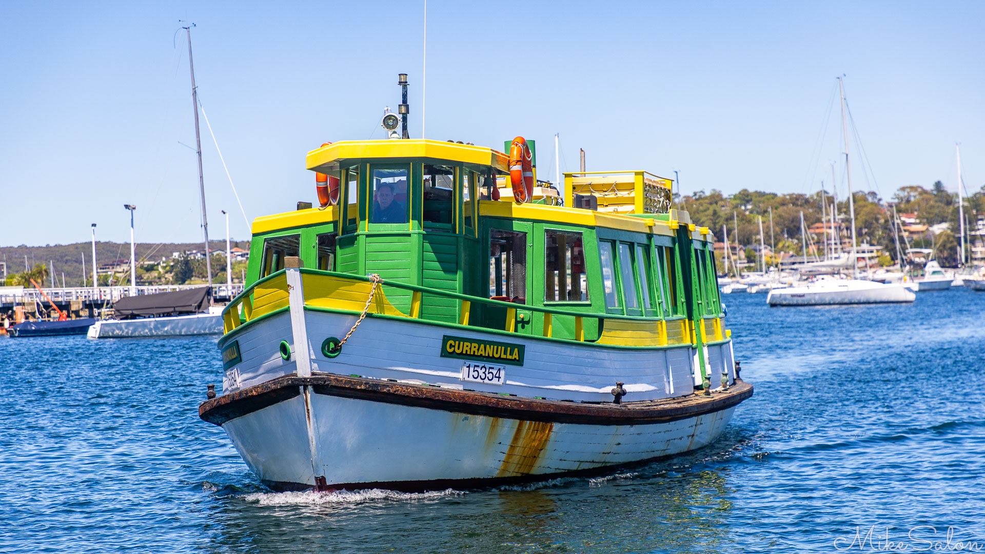 The 1939 ferry Curranulla arriving at Port Hacking through Gunnamatta Bay. [6417]