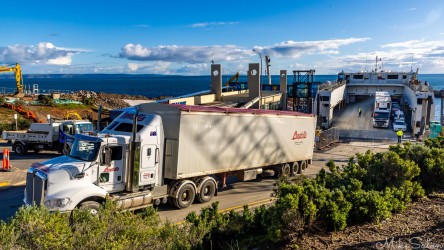 Nothing but admiration for these truck drivers reversing their rigs onto the SeaLink ferry. That`s a B-Double already in place. [3299]