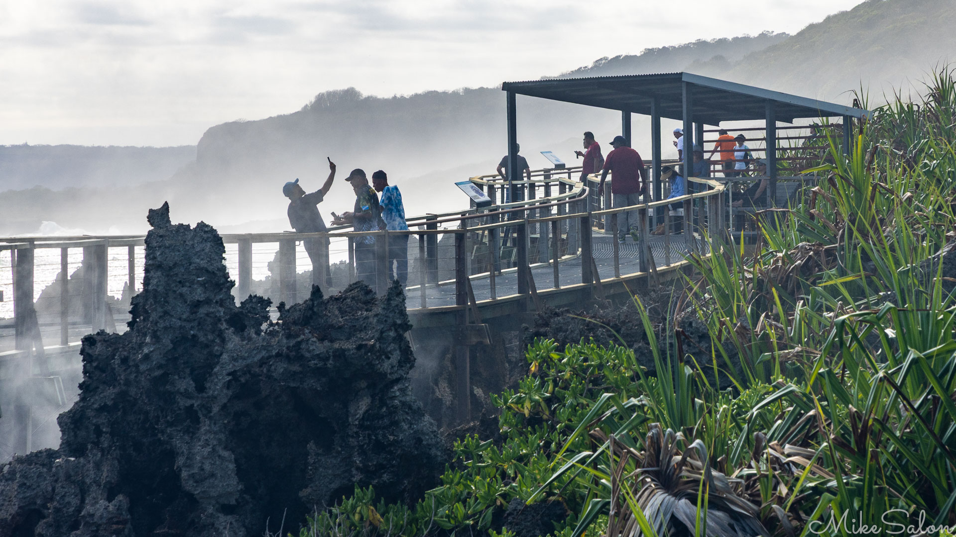 Jagged pinnacles and a visitor boardwalk at the Blowholes. [9894]