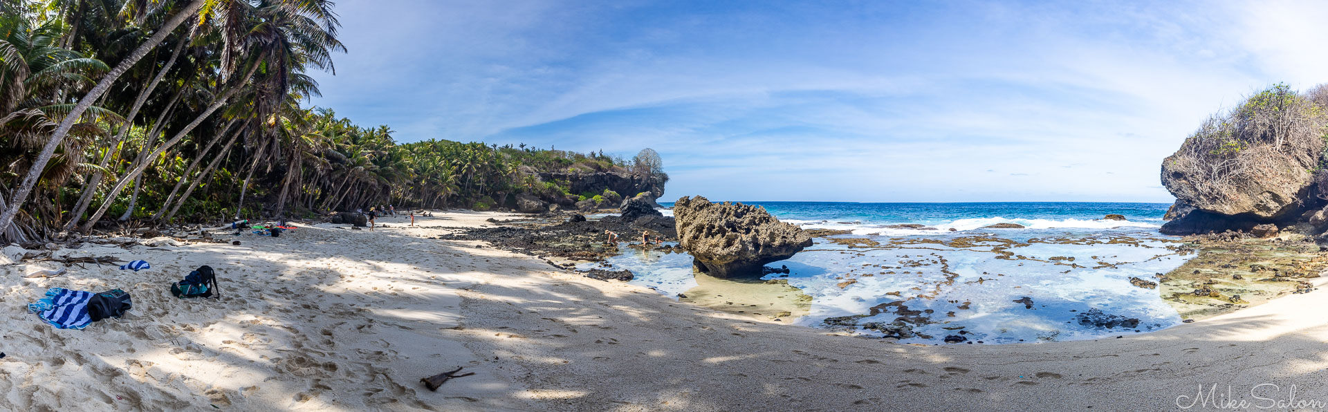 Panoramic view of Dolli Beach, showing the coconut palms, the beach and the tidal rock platform. [9945]