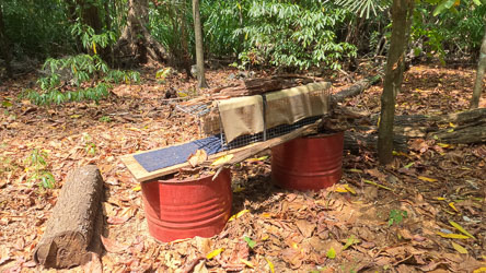 This is an elevated or gantry trap out of reach of Robber Crabs but accessible to the more agile feral cats which used to plague the island. [1304]