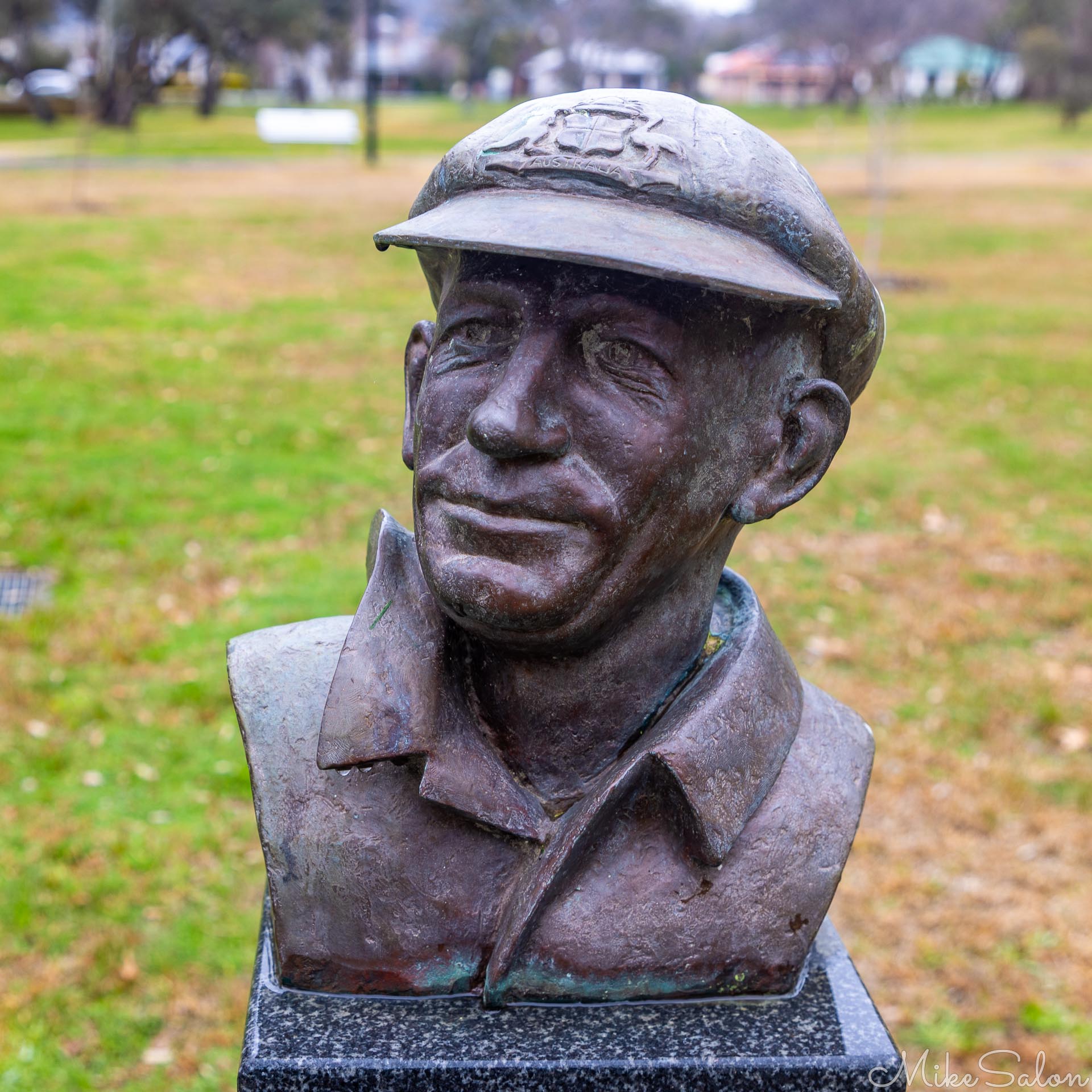 Don Bradman`s bust in Cootamundra`s Captains` Walk. Born in Cootamundra, Bradman is Australia`s most celebrated Cricket Captain. [5152]