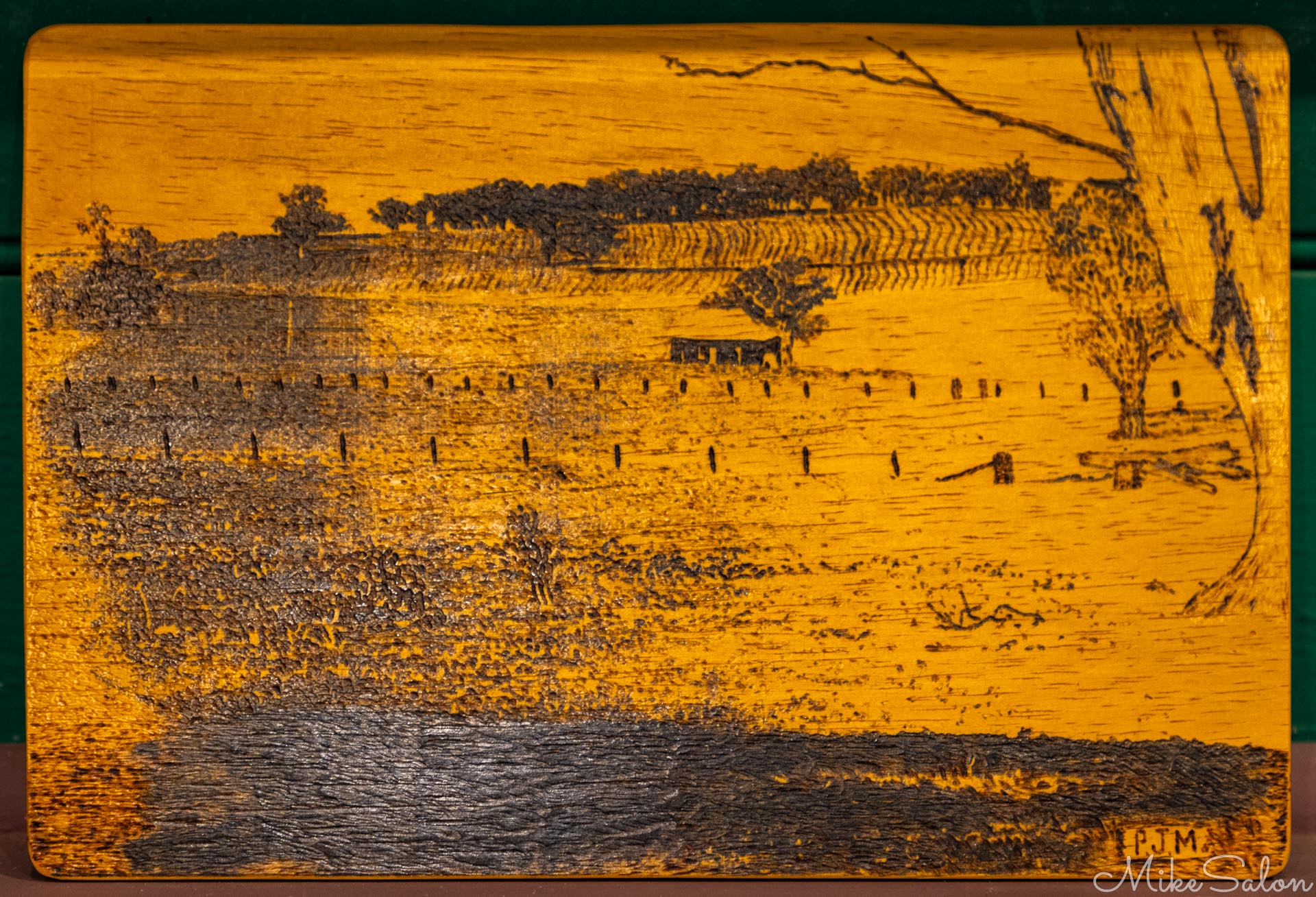 Word burning sketch of what looks to be a very modest Bradman family home at Yeo Yeo, by Paul Mills. [5158]