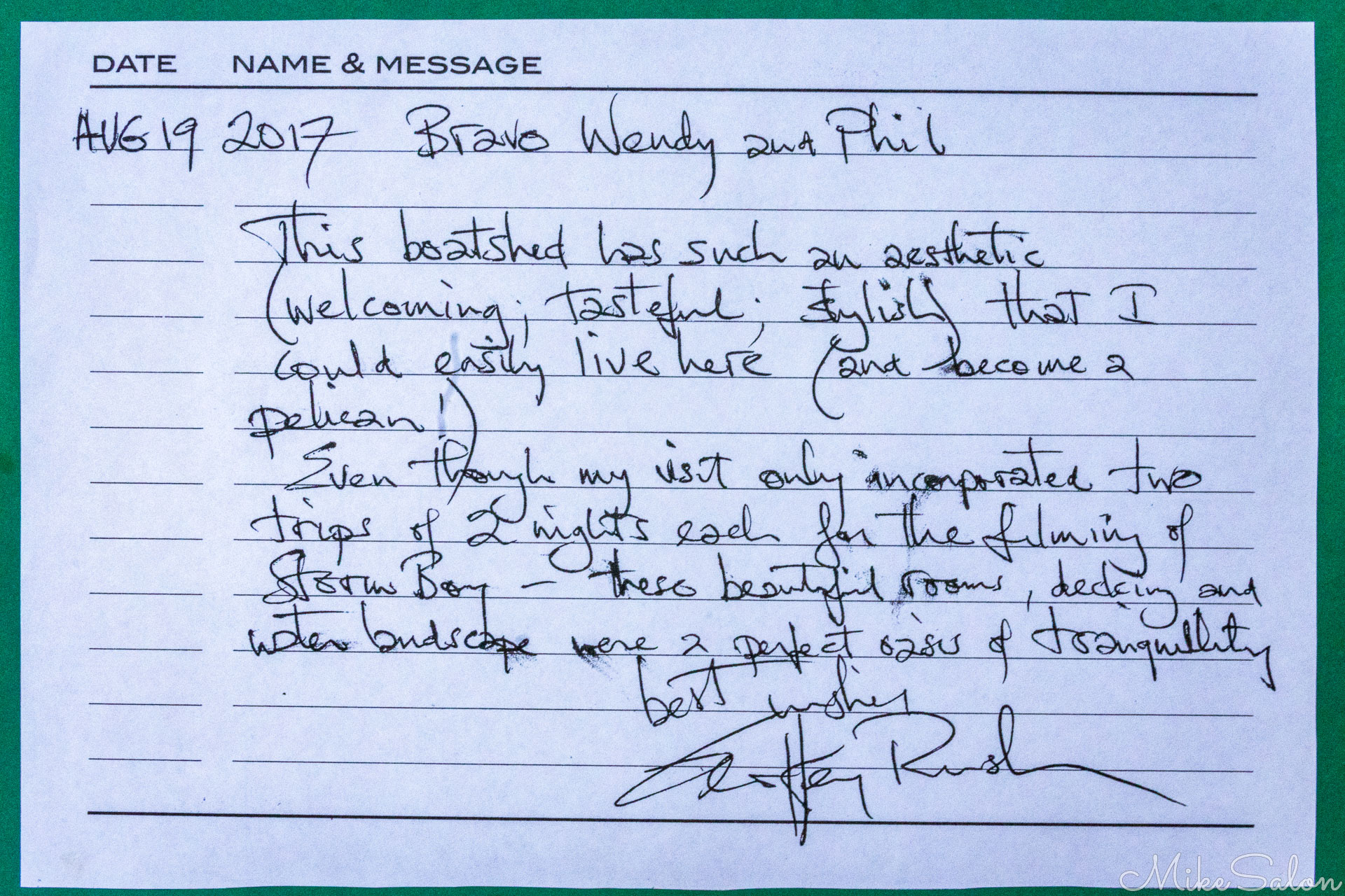 Very complimentary review left by Geoffrey Rush during filming of "Storm Boy". [2169]
