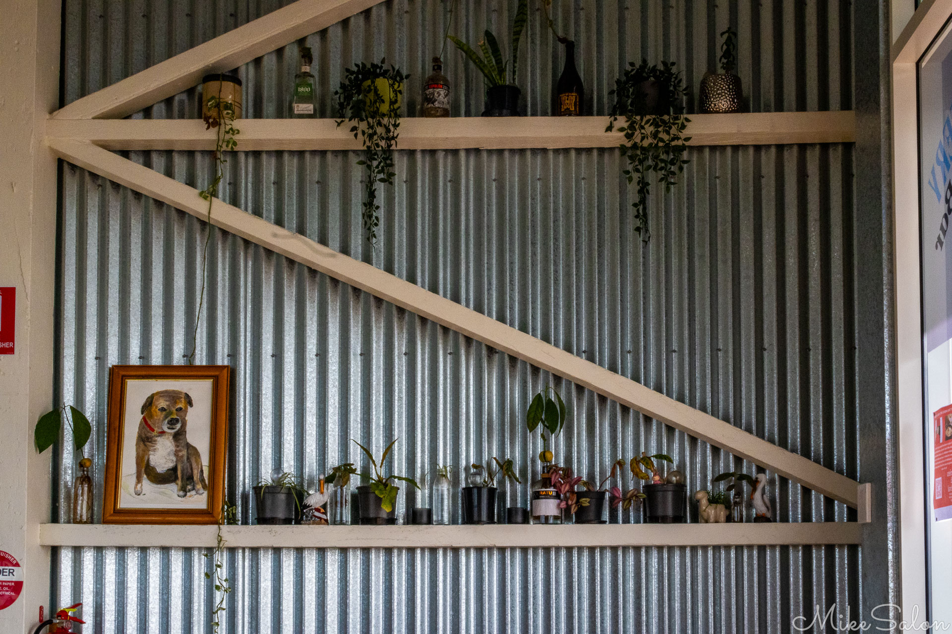 Interior view at Imbiss on the Elbow cafe, corrugated steel walling and decorations. [2170]