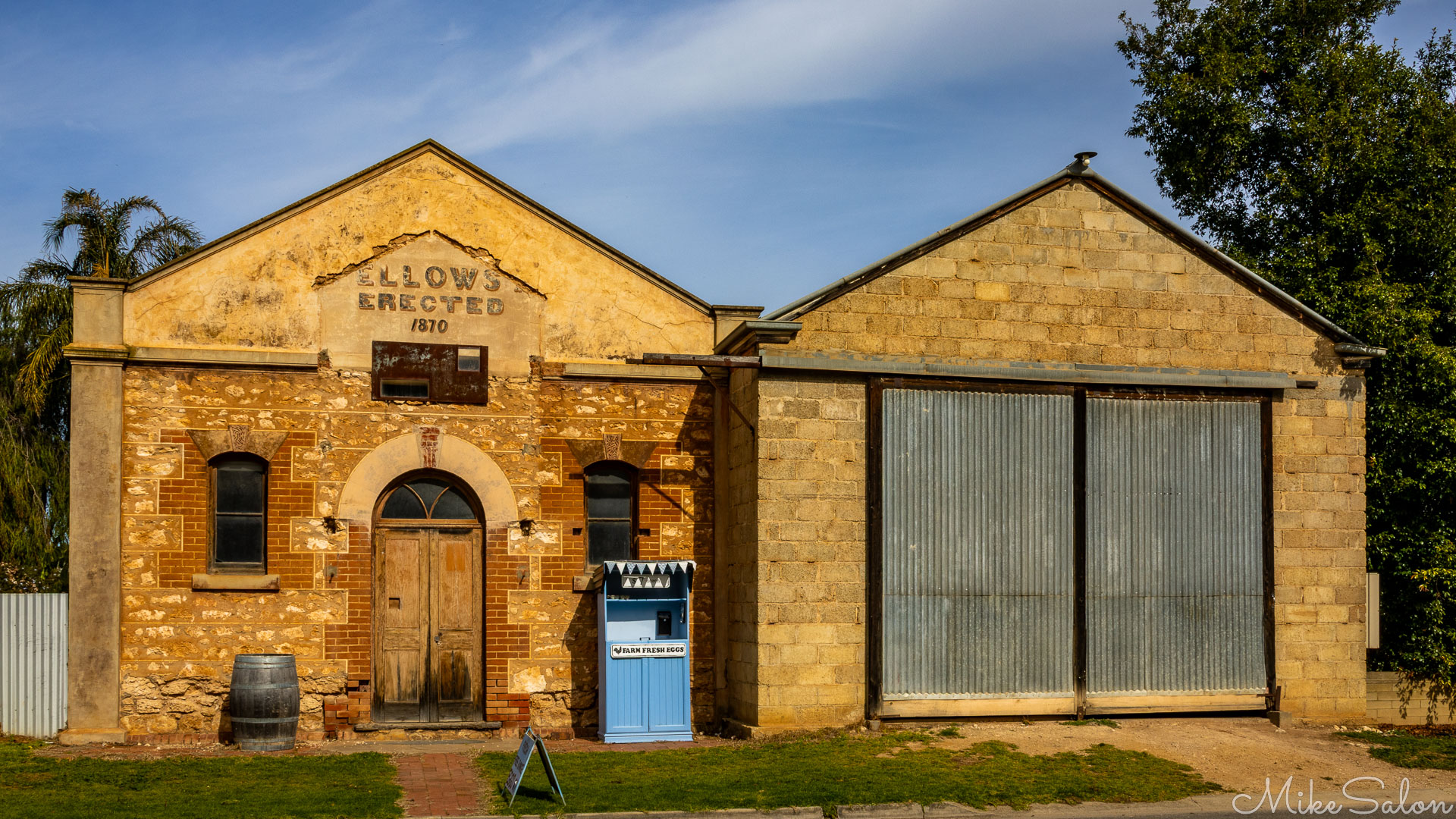 Egg honesty stall in front of old stone buildings at Langhorne Creek. [2198]