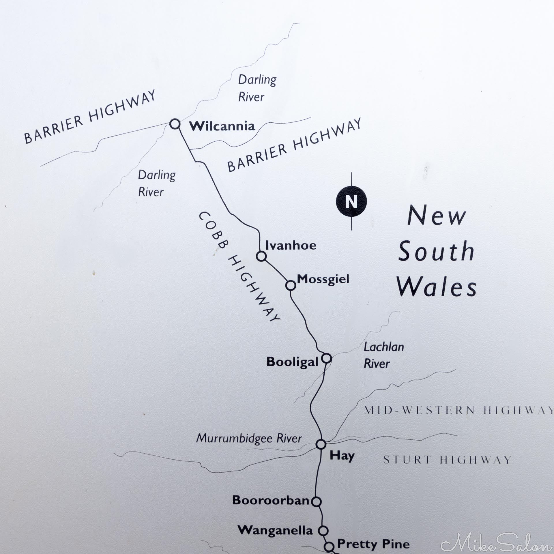 Roadside plaque mapping 400km of the Cobb Highway, the Long Paddock, between Hay and Wilcannia. [2024]
