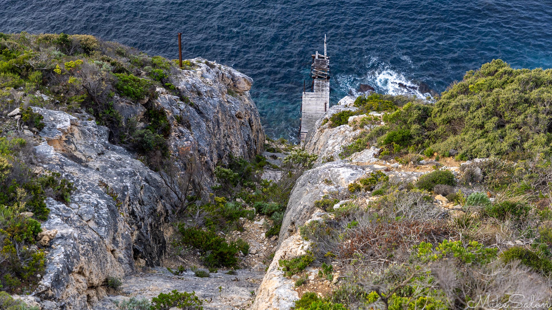 Supplies for the lighthouse at Cape Du Coudic were delivered by ship to this jetty at Weirs Cove and winched up to a storehouse by a `flying fox`. [3731]
