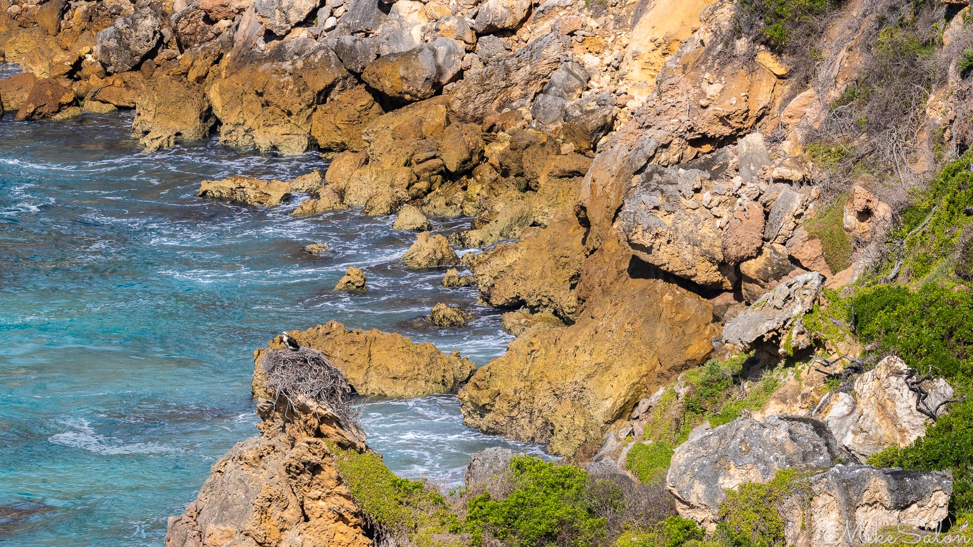 A rock cove with a solitary osprey at its nest in the distance. [4373]