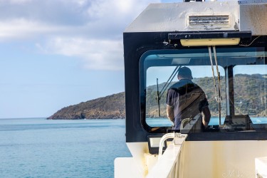 Looking through a ferry bridge towards its destination, showing the skipper's back. [4431]