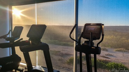 Exercise machines in a hotel gym with views to the heathland. [0327]