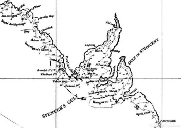 Portion of Flinders` chart after circumnavigating Australia showing where he called into Kangaroo Island, and that he did not go right around KI.