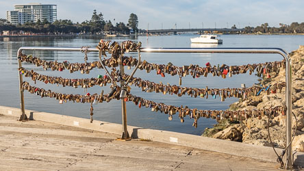 Love locks near Stingray Point on Mandura estuary. This fad is said to have started in WW1 in a small town in Serbia, and it was revived in 2006 in Federico Moccia`s novel `I Want You` set in Rome. It went viral in 2008 on the `Pont des Arts` in Paris. [9580]