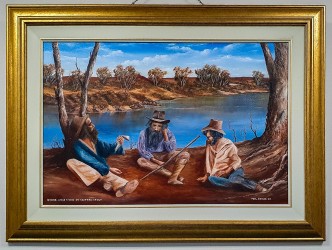 Framed painting of three men resting beside a river under gum trees.