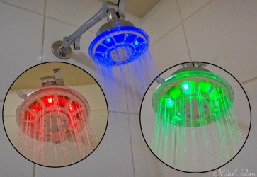 Montage of a shower head emitting blue, red, and green illuminated water streams.