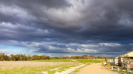 Late‑afternoon sunlight breaks through as storm clouds gather above Monarto’s lodge precinct. The gym and tent backs catch the fleeting glow before the sky closes in — that rare moment when calm and tension share the same horizon. [3926]