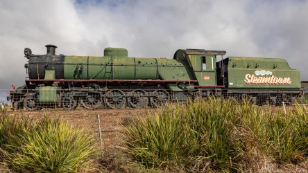  Large green steam locomotive labeled "Steamtown" displayed outdoors on track with grass and cloudy sky.