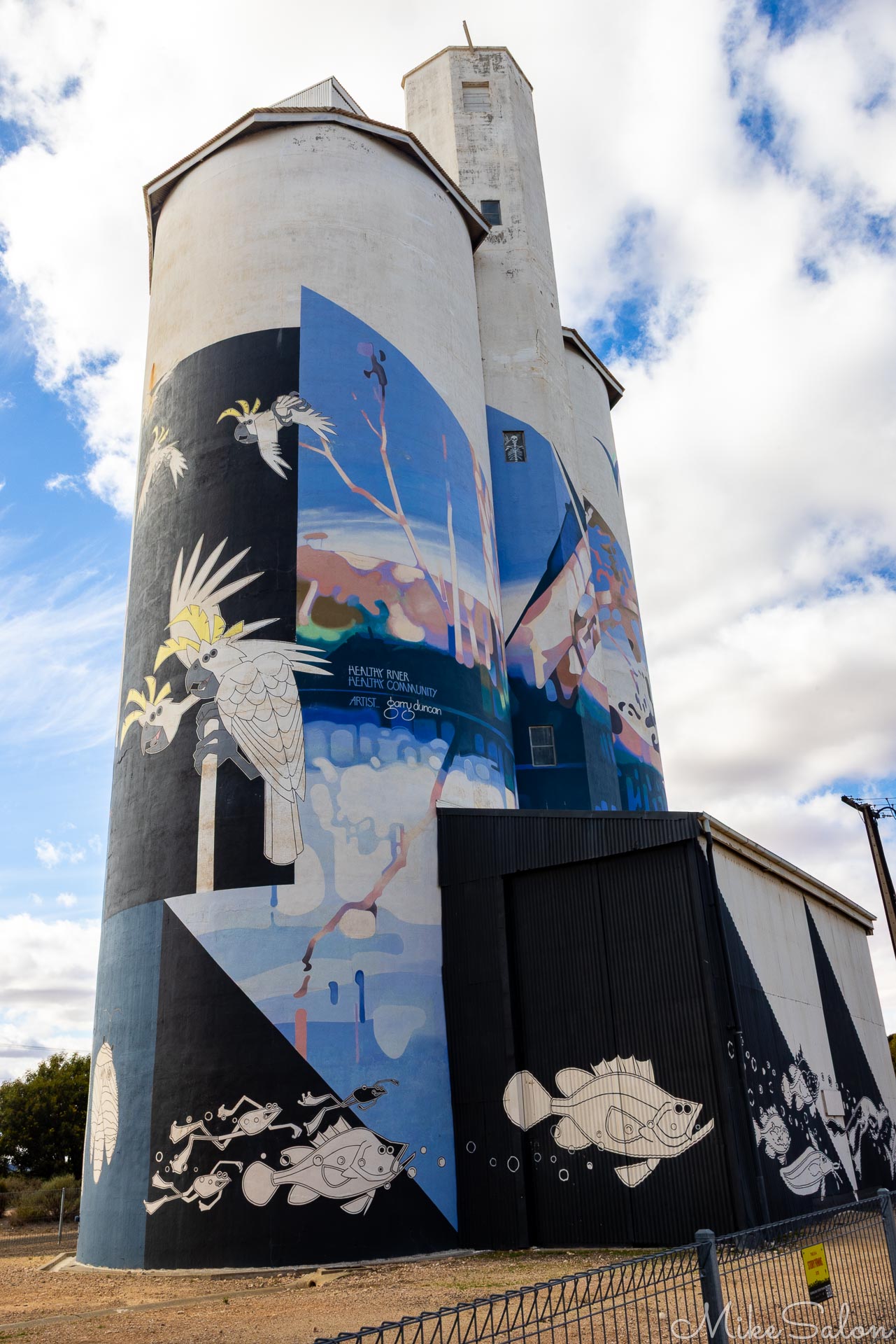 Tall grain silos painted with mural of river scene, native plants, and wildlife under blue sky.