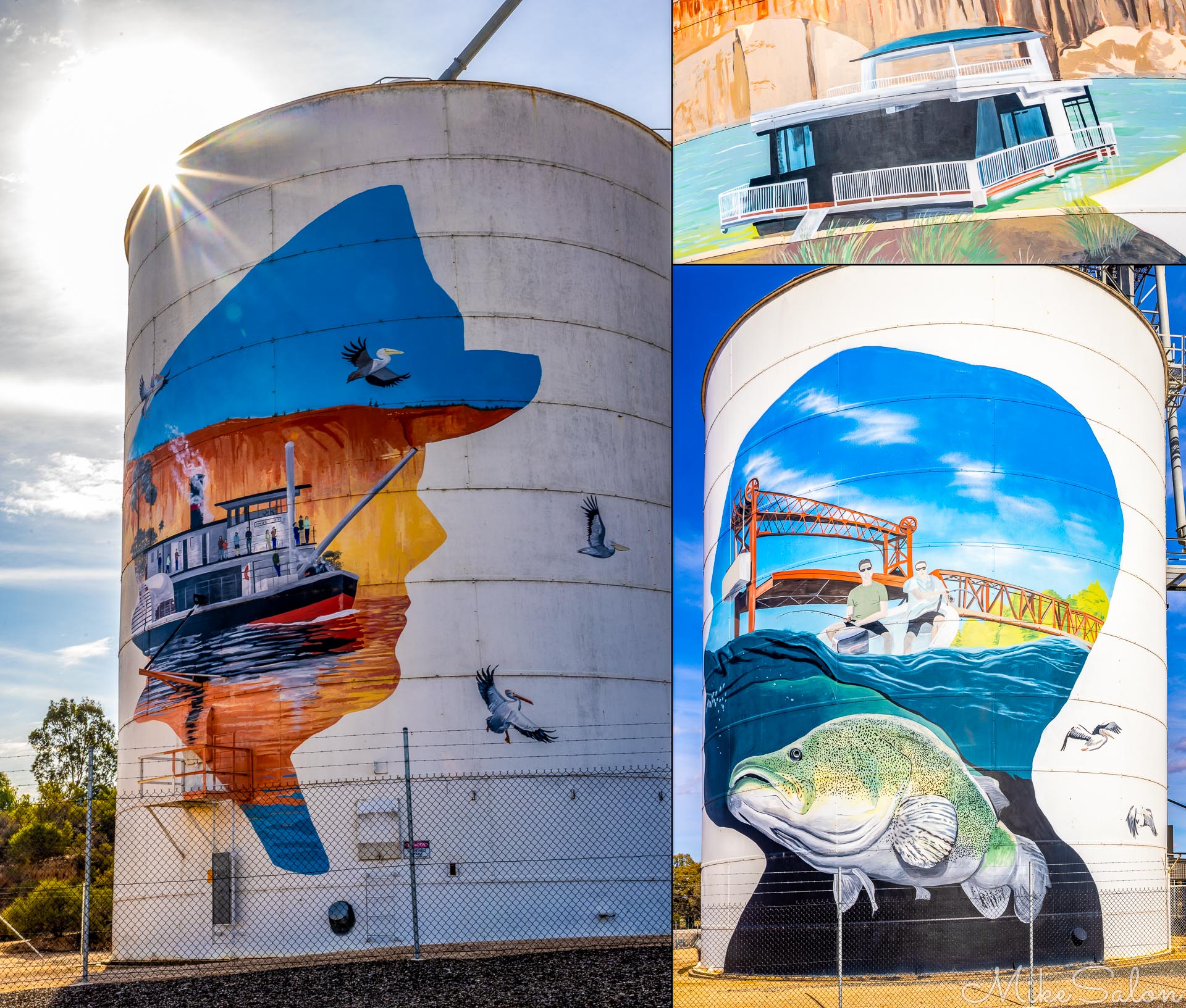 Montage of various views of the multiple murals by Jack Fran and Sam Brooks on these silos in Paringa. [4675]