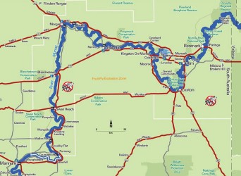 Map showing Murray River route through Riverland region with towns and highways marked in red and blue.