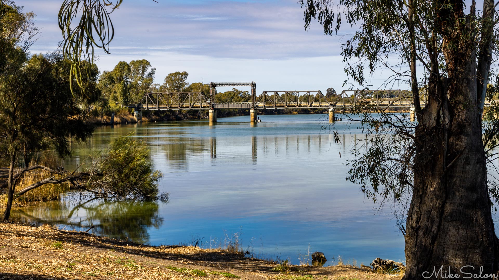 River scene with trees on both banks and bridge spanning water under clear sky.