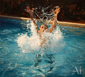 Boy rising through water with arms raised, splashing in a sunlit swimming pool at a Jakarta bungalow.