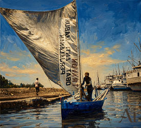 Small blue sailboat with a patched white sail moving through calm water near larger fishing boats at Sunda Kelapa Harbor, Jakarta.