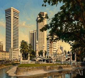 View of Masjid Jamek mosque with domes and minarets beside a river, backed by tall modern skyscrapers in central Jakarta.