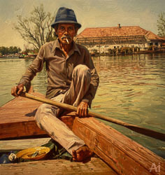 Portrait of a boatman sitting in a wooden canoe, holding an oar, with a riverside building and calm water in the background.