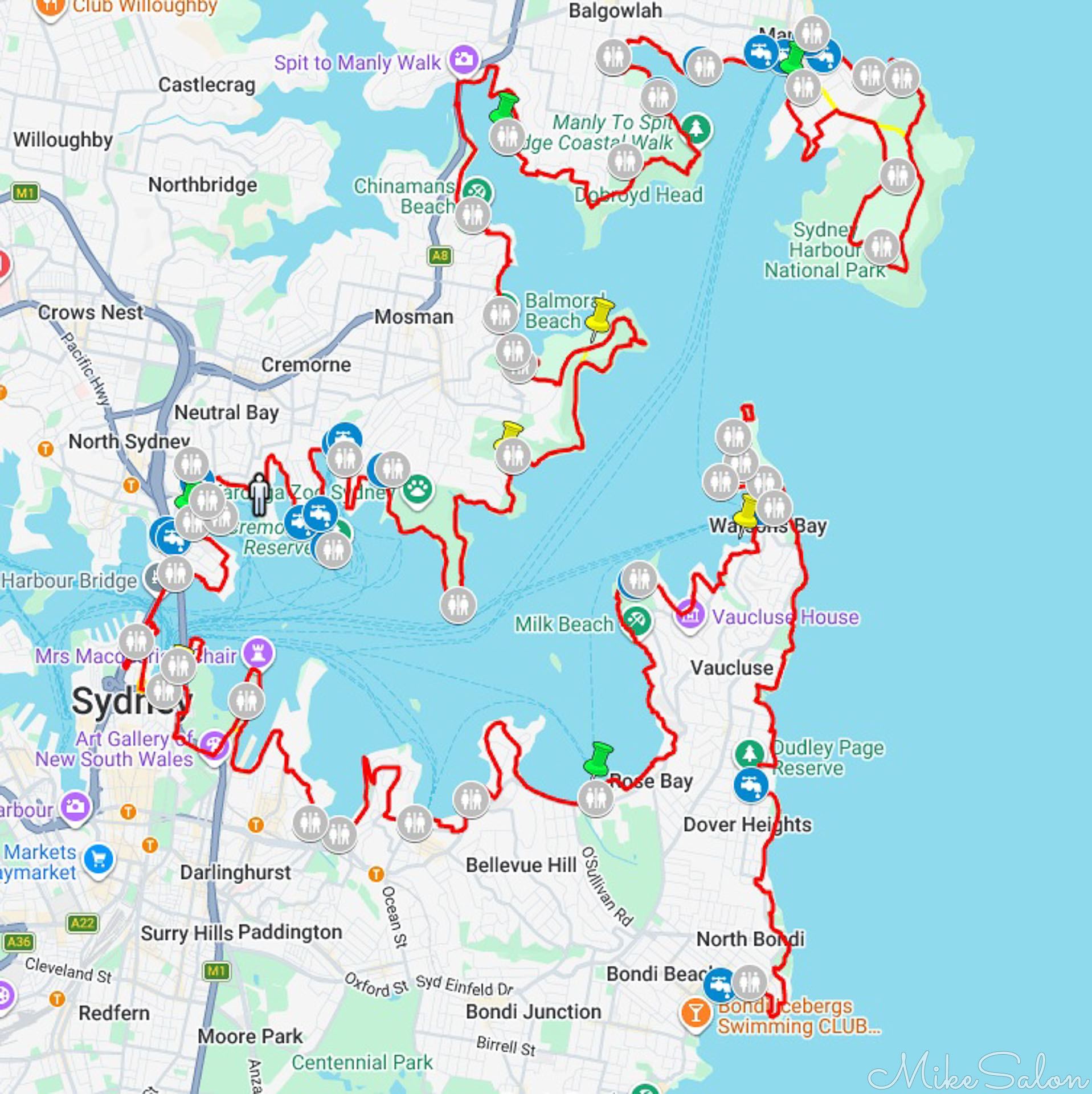 Map of Sydney Harbour region, showing in red, the course route.