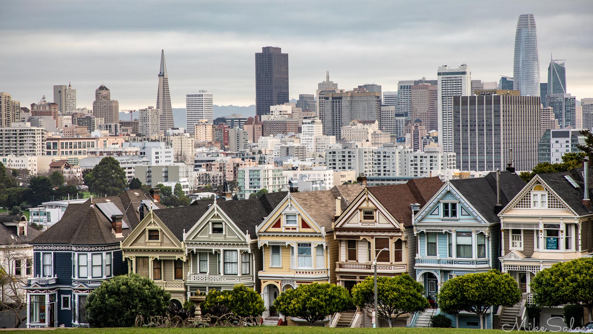 Painted Ladies of San Francisco : From Alamo Square, painted in complimentary colours which emphasise the architectural features. (0D0A3141.jpg)<br>Camera: Canon EOS 5D Mark IV