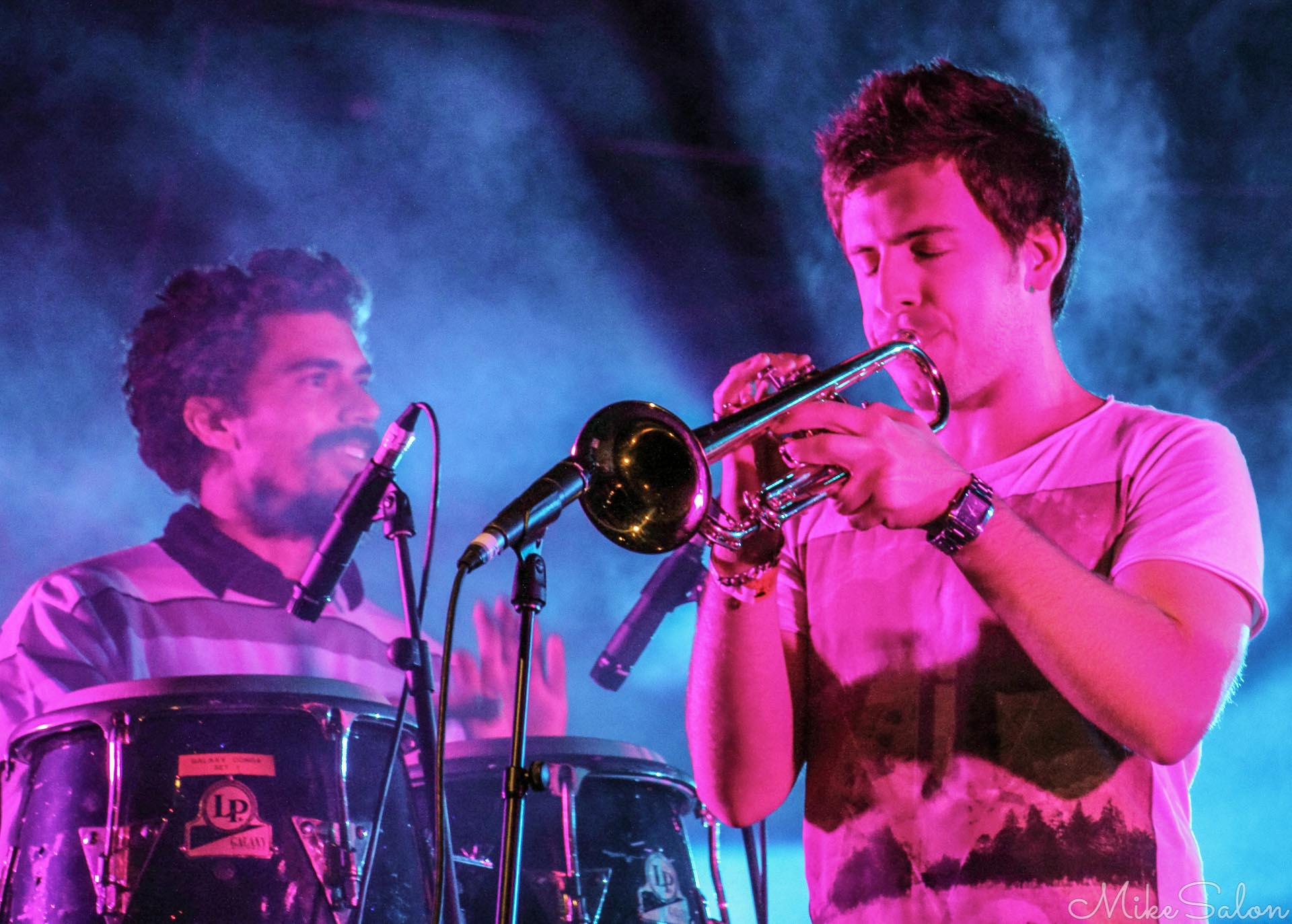 Trombone at Surry Hills Festival : Tinted by garish stagelighting, these performers entertained an appreciative crowd at the Surry Hills Festival in Sydney. (IMG_1815.jpg)<br>Camera: Canon EOS 60D