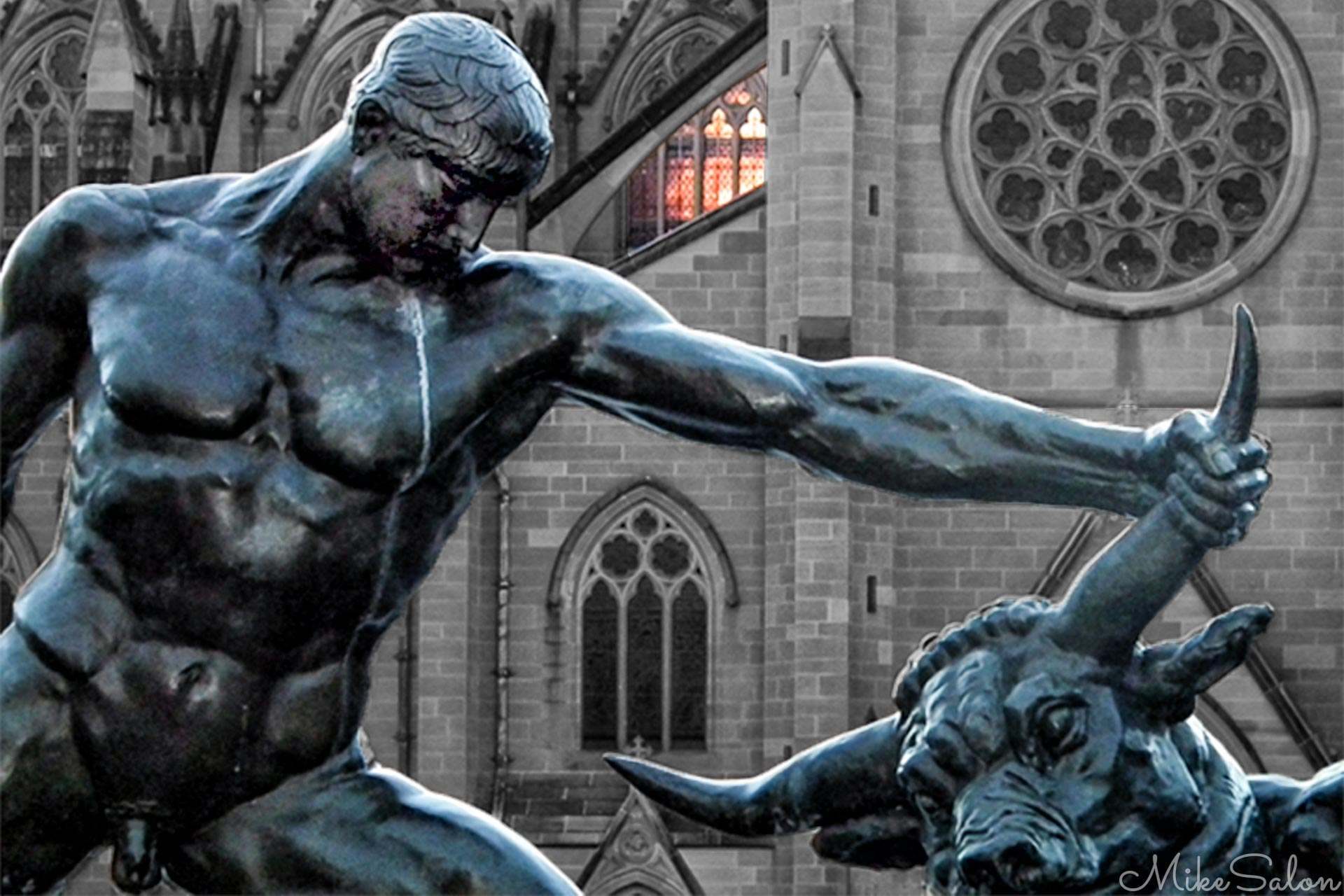 Archibald Fountain Detail : Dawn light shining through St Mary's Cathedral onto the Archibald Fountain in Hyde Park. (201104.jpg)<br>Camera: FinePix HS10 HS11