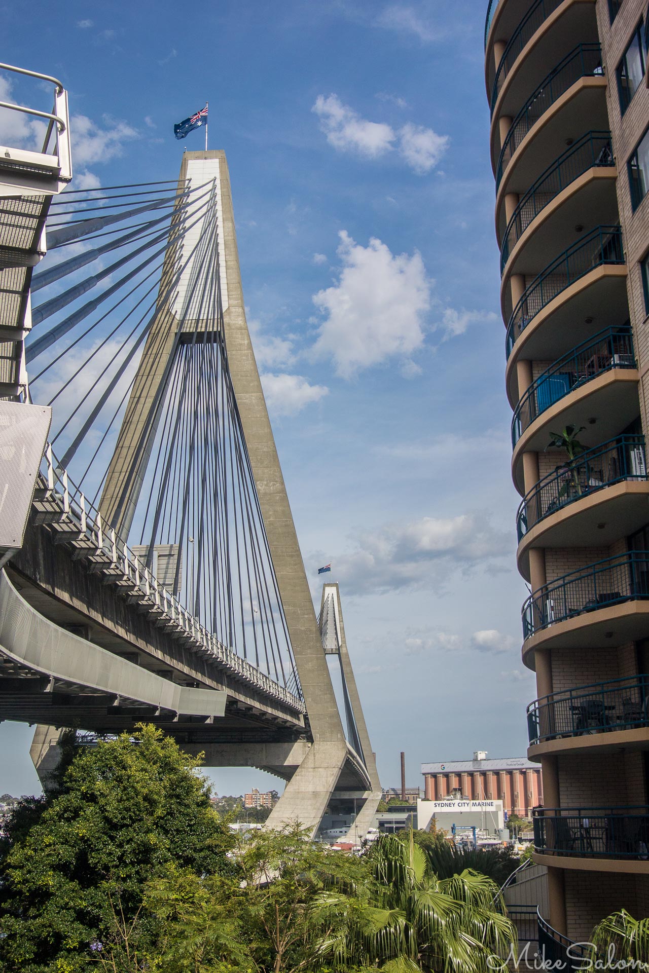 Anzac Bridge and Pyrmont Apartments : Dramatic view of this 1995 bridge as it skims past the high rise apartments along Jones Bay. (DSC_2769.jpg)<br>Camera: NIKON 1 AW1