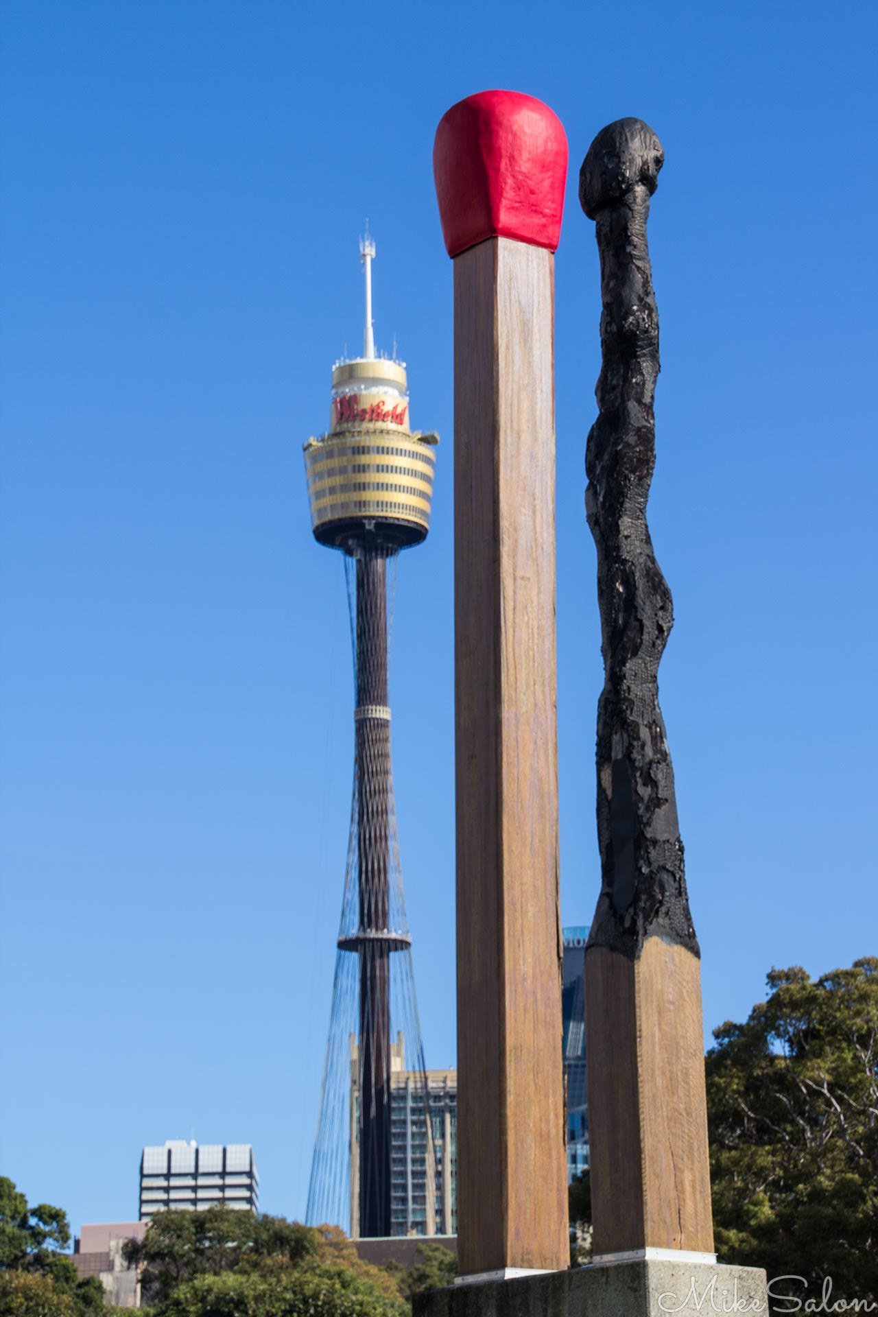 Three Pillars of Sydney : The sculpture Almost Once by Brett Whiteley and Matthew Dillon at the Art Gallery of NSW, lined up with the Westfield Tower in the CBD. (IMG_0029.jpg)<br>Camera: Canon EOS 60D
