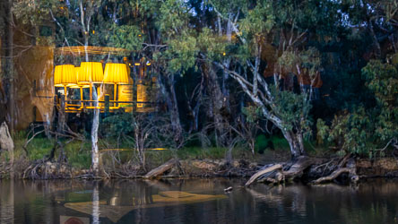 A cluster of dining room lights reflected on a window through which can be seen night-time riverside foliage.
