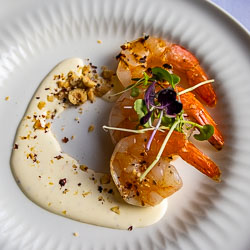 Crusted prawns and a sauce nicely presented.