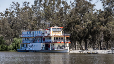 The PS Australian Star moored, with gum trees and other foliage behind.