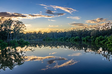 Calm dawn view of the Murray River near Torrumbarry, showing cloud reflections on perfectly still water bordered by dense riverbank trees.